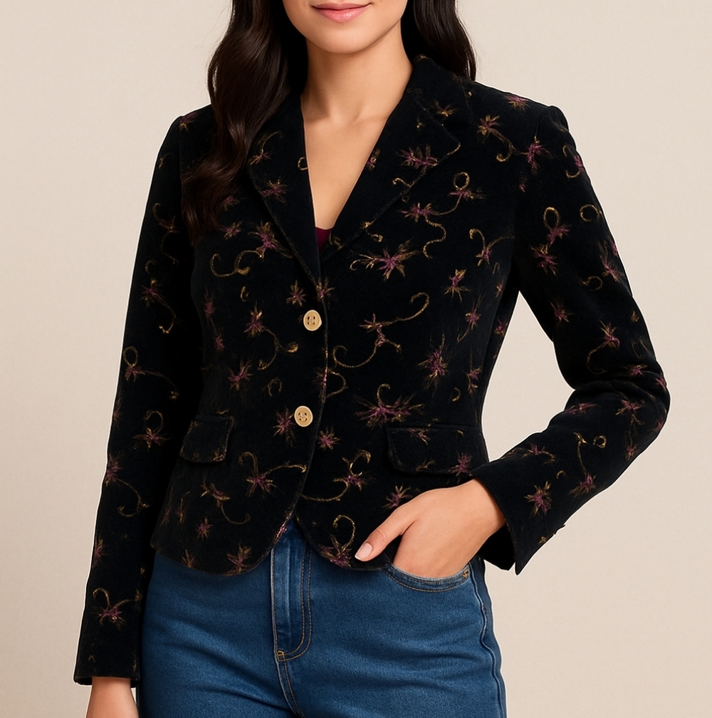 LIVE A LITTLE‎ Size Small Floral Embroidered Black Corduroy Office Blazer Jacket